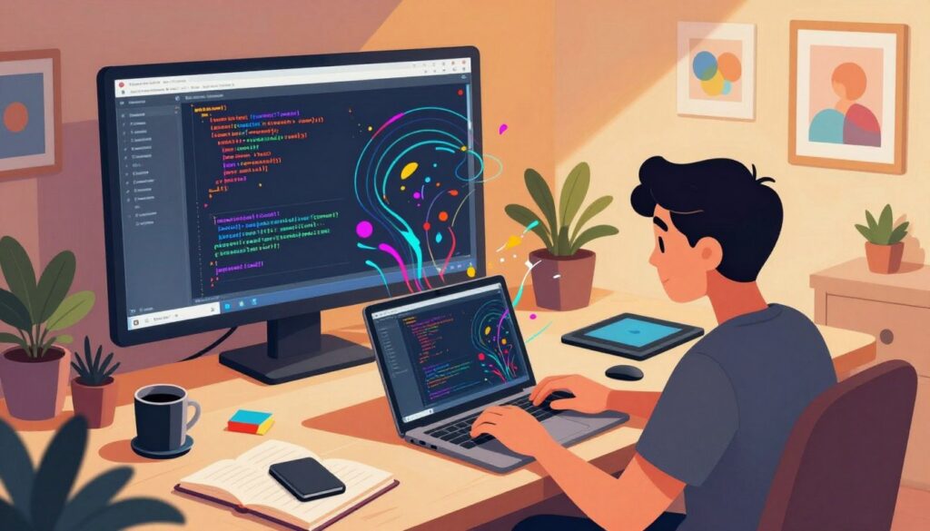 A vibrant digital art scene depicting the essence of creative coding inspiration. In the foreground, an artist enthusiastically types on a sleek laptop, surrounded by swirling lines of colorful code and abstract shapes, symbolizing creativity and innovation. In the middle ground, a large projection screen displays mesmerizing visual effects produced through code, while various artistic tools like graphic tablets and sketchbooks are scattered around. The background features a warm, inviting room decorated with art prints and plants, illuminated by soft, ambient lighting that creates a cozy atmosphere. The angle is slightly elevated, capturing all elements harmoniously. Overall, the mood evokes a sense of wonder and possibility in the world of creative coding.