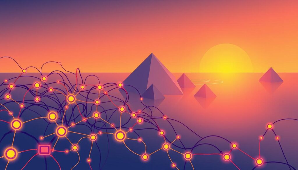 A vibrant, dynamic illustration of complex business logic, captured in a sleek, minimalist style. In the foreground, a intricate web of interconnected workflows, each segment pulsing with energy, representing the intricate relationships and dependencies that power a scalable, multi-tenant application. In the middle ground, abstract geometric shapes and patterns, representing the modular, adaptable nature of the codebase, while the background is a serene, gradient-filled void, suggesting the limitless potential for growth and expansion. Lit by warm, directional lighting that casts dramatic shadows, lending a sense of depth and dimensionality to the scene. The overall aesthetic evokes a sense of sophistication, efficiency, and forward-thinking design, perfectly capturing the essence of "Business Logic That Scales: Keep it in Workflows".