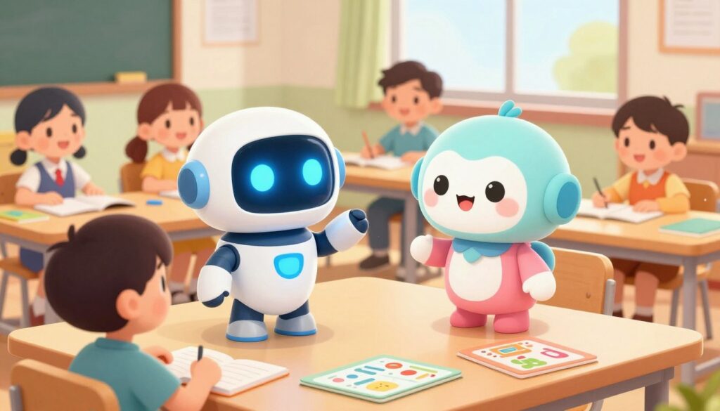A vibrant, engaging illustration of two friendly chatbots designed for children's safety, positioned in a bright, welcoming classroom setting. In the foreground, the chatbots, one resembling a cute robot with a glowing blue screen face, the other a friendly AI character with soft pastel colors, are interacting with diverse children who are seated at desks. The children, dressed in smart-casual attire, show expressions of curiosity and engagement. In the middle ground, colorful educational materials about internet safety are scattered on a bright table. The background features a large window allowing warm, natural light to illuminate the room, creating a positive atmosphere. The overall mood is cheerful and safe, capturing the essence of technology promoting student wellbeing.