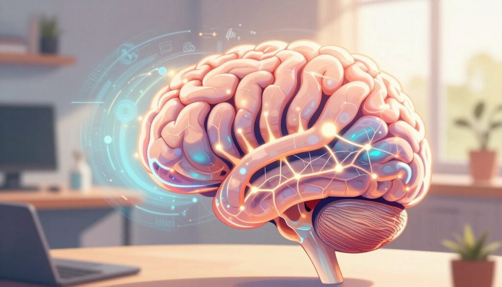 A vibrant, high-tech illustration of a brain, intricately detailed to showcase neural connections and information patterns, symbolizing focus and cognitive clarity. In the foreground, the brain is portrayed in a glossy, semi-transparent style, with luminous pathways lighting up to represent active focus blocks. The middle layer presents a soft gradient background, featuring abstract patterns of swirling data and geometric shapes, conveying the complexity of information processing. The background consists of a blurred landscape of a modern study environment, bathed in warm natural light, adding a tranquil ambiance. The overall mood should evoke concentration and enlightenment, enhancing the connection between neuroscience and productivity techniques. The angle of view is slightly tilted to add depth, focusing on the brain’s intricate details.