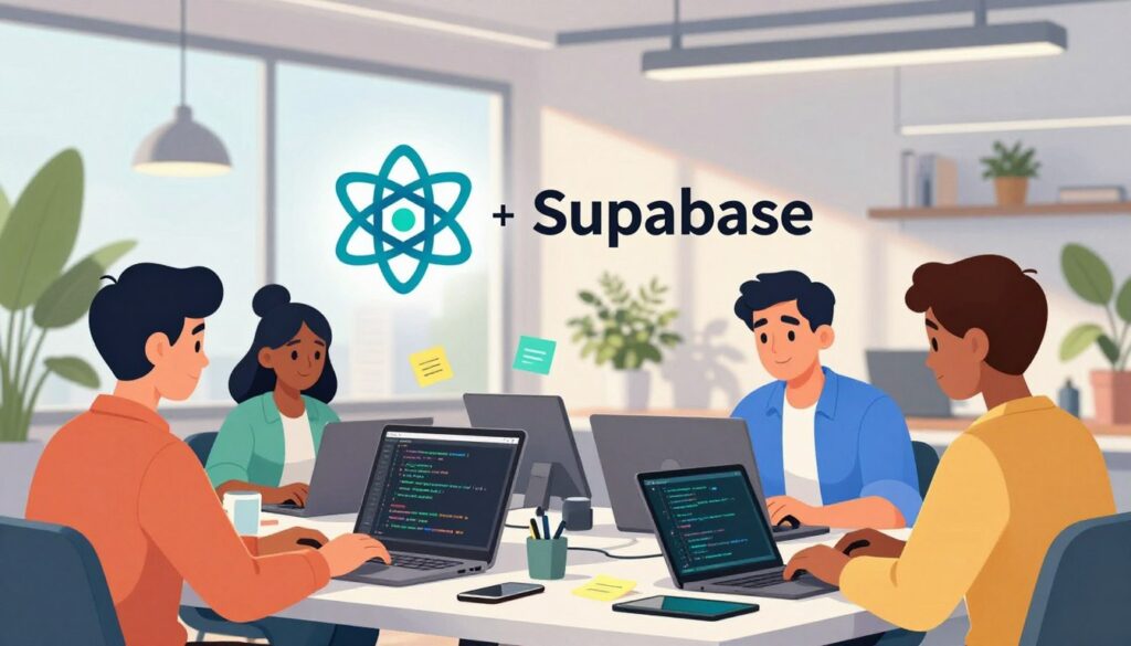A vibrant, modern tech workspace showcasing the connection between React and Supabase. In the foreground, a diverse team of professionals in smart casual attire collaborates over a sleek laptop, surrounded by colorful sticky notes and digital tablets displaying code snippets. In the middle, an elegant React logo blends into a stylish representation of Supabase, symbolizing their integration. The background features a bright, airy office with large windows, futuristic decor, and lush green plants, creating a welcoming atmosphere. Soft, natural lighting casts gentle shadows, accentuating the focus on teamwork and innovation. The overall mood is dynamic and inspiring, reflecting the synergy of modern JavaScript and PostgreSQL environments.