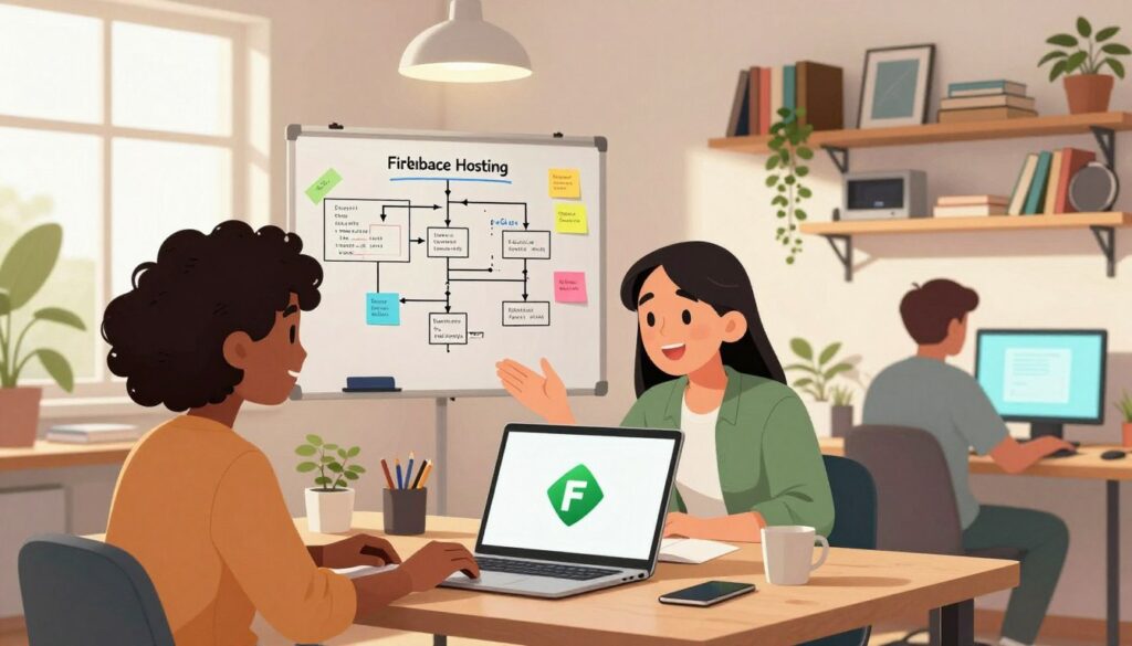 A vibrant, modern workspace filled with young coders collaborating, set in a cozy and tech-savvy environment. In the foreground, two diverse young professionals, one with curly hair and the other with straight hair, dressed in casual yet professional attire, are engaged in an animated discussion over a laptop displaying the Firebase logo. In the middle ground, a whiteboard filled with flowcharts and notes related to coding and Firebase hosting techniques, along with colorful sticky notes, adds a creative touch. The background features sleek shelves containing tech books and plants, with soft, natural lighting streaming through large windows that create a warm, inviting ambiance. The overall mood conveys innovation, enthusiasm, and the excitement of coding and sharing projects through Firebase. A vibrant, modern workspace filled with young coders collaborating, set in a cozy and tech-savvy environment. In the foreground, two diverse young professionals, one with curly hair and the other with straight hair, dressed in casual yet professional attire, are engaged in an animated discussion over a laptop displaying the Firebase logo. In the middle ground, a whiteboard filled with flowcharts and notes related to coding and Firebase hosting techniques, along with colorful sticky notes, adds a creative touch. The background features sleek shelves containing tech books and plants, with soft, natural lighting streaming through large windows that create a warm, inviting ambiance. The overall mood conveys innovation, enthusiasm, and the excitement of coding and sharing projects through Firebase.