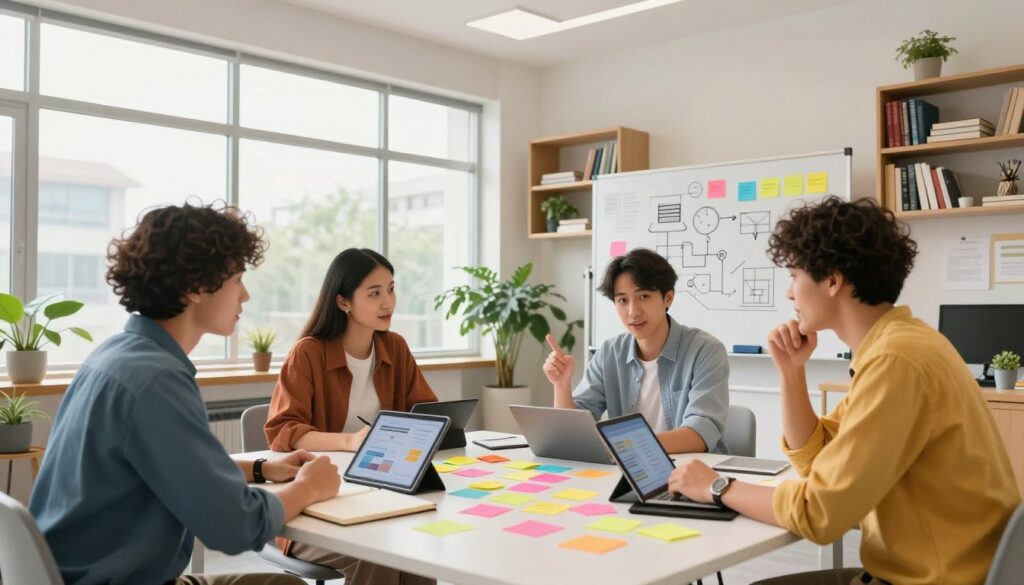 A vibrant modern workspace scene illustrating a creative reimagining of assignments. In the foreground, a diverse group of three professionals, dressed in smart-casual attire, are engaged in a dynamic brainstorming session around a large table strewn with colorful sticky notes, digital tablets, and open notebooks. The middle layer features large windows allowing natural light to flood the room, illuminating a whiteboard filled with innovative ideas and diagrams. In the background, sleek bookshelves are lined with educational resources and plants introduce a touch of greenery. The atmosphere is collaborative and inspiring, conveying a sense of focused energy and creativity. The lighting is bright and airy, emphasizing clarity of thought and productivity. Shot with a slight low angle to portray empowerment in the workspace, capturing the essence of transforming traditional assignments into a pathway for mastery. A vibrant modern workspace scene illustrating a creative reimagining of assignments. In the foreground, a diverse group of three professionals, dressed in smart-casual attire, are engaged in a dynamic brainstorming session around a large table strewn with colorful sticky notes, digital tablets, and open notebooks. The middle layer features large windows allowing natural light to flood the room, illuminating a whiteboard filled with innovative ideas and diagrams. In the background, sleek bookshelves are lined with educational resources and plants introduce a touch of greenery. The atmosphere is collaborative and inspiring, conveying a sense of focused energy and creativity. The lighting is bright and airy, emphasizing clarity of thought and productivity. Shot with a slight low angle to portray empowerment in the workspace, capturing the essence of transforming traditional assignments into a pathway for mastery.