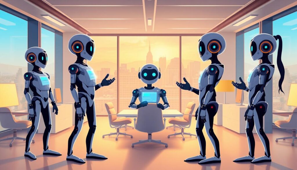 A vibrant, tech-forward office scene showcasing a team of tenant chatbots. In the foreground, several sleek, humanoid AI agents engage in animated conversations with tenants, their holographic interfaces casting a soft glow. The middle ground features a minimalist, open-concept workspace with ergonomic furniture and large windows, bathed in warm, diffused lighting. In the background, a city skyline stretches out, conveying a sense of urban modernity. The overall atmosphere is one of efficiency, collaboration, and a forward-thinking approach to property management. A vibrant, tech-forward office scene showcasing a team of tenant chatbots. In the foreground, several sleek, humanoid AI agents engage in animated conversations with tenants, their holographic interfaces casting a soft glow. The middle ground features a minimalist, open-concept workspace with ergonomic furniture and large windows, bathed in warm, diffused lighting. In the background, a city skyline stretches out, conveying a sense of urban modernity. The overall atmosphere is one of efficiency, collaboration, and a forward-thinking approach to property management.