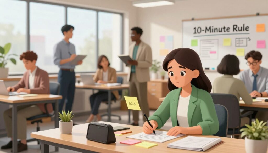A vibrant workspace illustrating ADHD task initiation strategies, featuring a diverse group of professionals in modest business attire. In the foreground, a young woman with a focused expression sits at a desk, equipped with a timer and colorful sticky notes. The middle ground shows a brainstorming area with visual aids like charts and a whiteboard displaying the "10-Minute Rule." The background captures a bright, organized office with large windows allowing natural light to flood the room, creating an atmosphere of productivity and motivation. Use a warm color palette to evoke a sense of encouragement and engagement, with a shallow depth of field emphasizing the participants and their tools for task initiation.