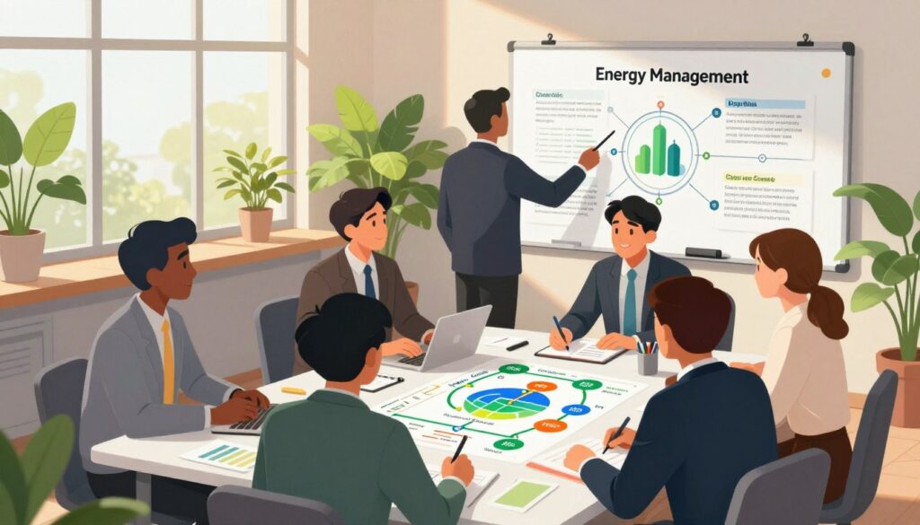 A vibrant workspace scene depicting energy management in action. In the foreground, a diverse group of four professionals, dressed in smart business attire, collaborate around a large table filled with colorful charts and energy flow diagrams. In the middle ground, a whiteboard displays strategic energy management concepts, illuminated by warm, natural light streaming through large windows. The background features green, living plants symbolizing vitality and renewal, lending an atmosphere of productivity and focus. The scene is captured with a slightly elevated angle, emphasizing the teamwork and shared purpose. The mood is dynamic and inspiring, reflecting a commitment to optimizing energy for effective study habits and personal growth.