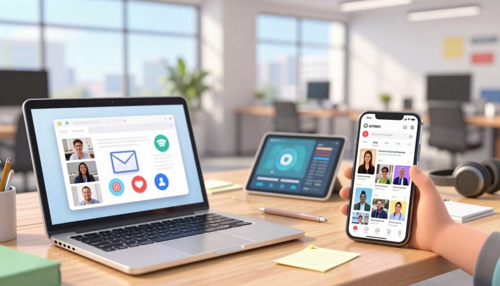 A vibrant workspace scene showcasing the integration of multimedia, social media, and email communication. In the foreground, a laptop displays an open email with video thumbnails and social media icons. Nearby, a smartphone shows a lively social media feed filled with colorful posts and images. The middle layer includes diverse objects like a digital tablet, headphones, and notes, alluding to creative collaboration. In the background, a bright, modern office space with large windows allowing natural light to filter through, casting soft shadows. The atmosphere is dynamic and inspiring, with a focus on connectivity and creativity, evoking a sense of modern digital communication. Capture this scene with a shallow depth of field, emphasizing the laptop and phone while blurring the background slightly for depth.