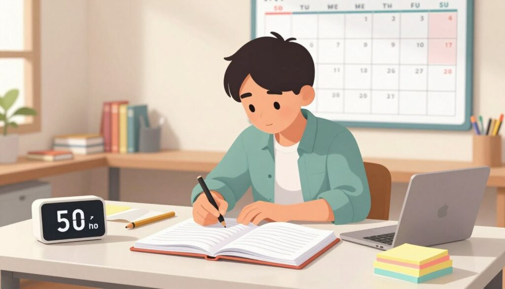 A visually appealing study space illustrating the 50/10 study schedule. In the foreground, a clean desk with an open notebook, a digital timer set to 50 minutes, and a stack of colorful sticky notes for reminders. In the middle, a student in modest casual clothing is focused intently, surrounded by books and stationery, creating a sense of diligence. The background features a large wall calendar indicating study sessions, with soft lighting that evokes a calm, productive atmosphere. The scene is shot from a slightly elevated angle, providing depth while maintaining a cozy study vibe. Overall, the image should convey balance, concentration, and an effective approach to time management in studying.