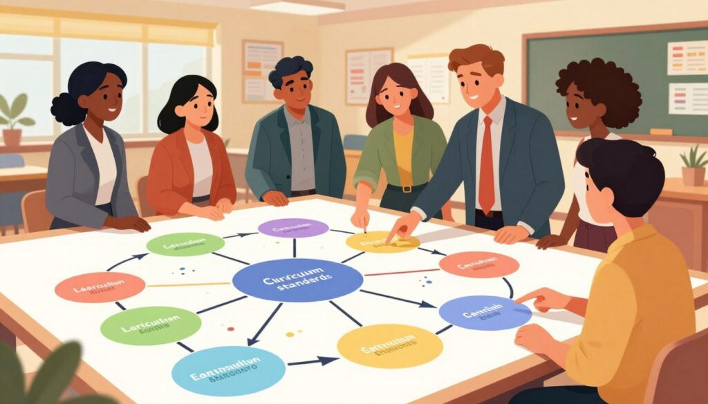 A visually compelling illustration of curriculum standards mapping, featuring a large, intricate flowchart or diagram in the foreground that connects various learning objectives and educational standards. Each element in the diagram is color-coded and labeled, with arrows demonstrating the relationships between them. In the middle ground, a group of diverse educators in professional business attire collaboratively discuss the chart, pointing at specific standards with focused expressions. The background consists of a bright, modern classroom setting with educational posters and resources on the walls. The overall lighting is warm and inviting, enhancing a mood of collaboration and inspiration. The angle captures both the details of the diagram and the engaged educators, emphasizing a constructive atmosphere for learning and planning.