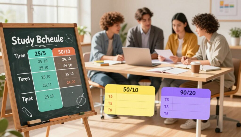 A visually engaging comparison of three study break schedules: 25/5, 50/10, and 90/20. In the foreground, a large, elegant chalkboard displays the three different schedules in colorful graphics, each section delineated with distinct colors. In the middle, a modern workspace with a well-organized desk features a laptop, study materials, and a coffee mug, creating a productive atmosphere. In the background, softly blurred students in professional casual attire are seen discussing and collaborating over study plans, adding a sense of community and focus to the scene. The lighting is warm and inviting, with natural light streaming in through a nearby window, casting gentle shadows. The overall mood is motivational, encouraging effective study habits.