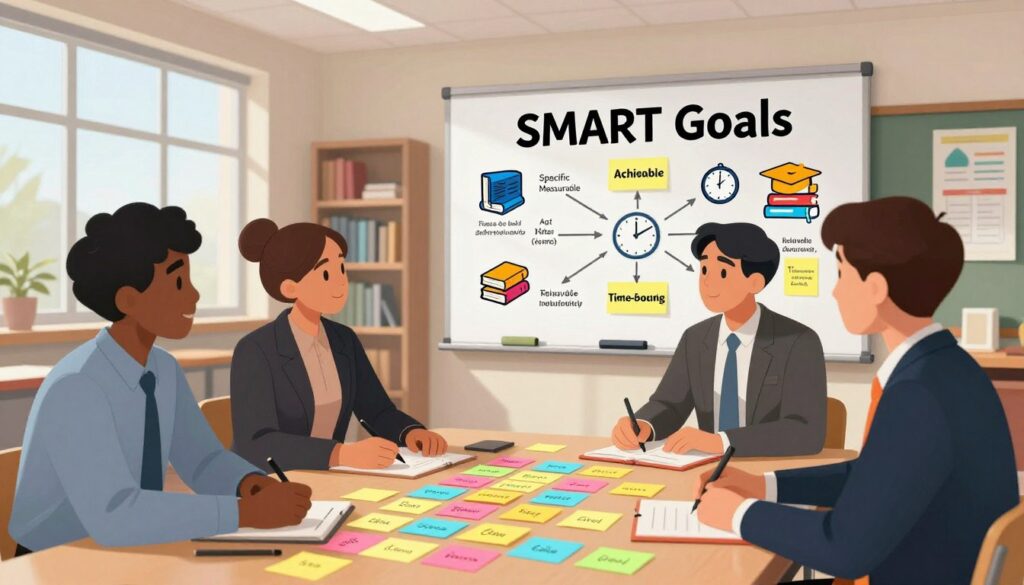 A visually engaging depiction of "SMART Goals" in an academic setting. In the foreground, a diverse group of three students, dressed in professional business attire, are collaborating around a large table covered with colorful sticky notes symbolizing Specific, Measurable, Achievable, Relevant, and Time-bound goals. The students are engaged in discussion, some pointing at notes, while others are taking notes. In the middle, a large whiteboard filled with diagrams and strategies related to goal-setting, enhanced with icons representing academic achievements like books, diplomas, and clocks. In the background, bright natural light streams in through large windows, illuminating a modern classroom filled with bookshelves and educational posters. The atmosphere is focused and optimistic, reflecting motivation and teamwork in achieving academic success.