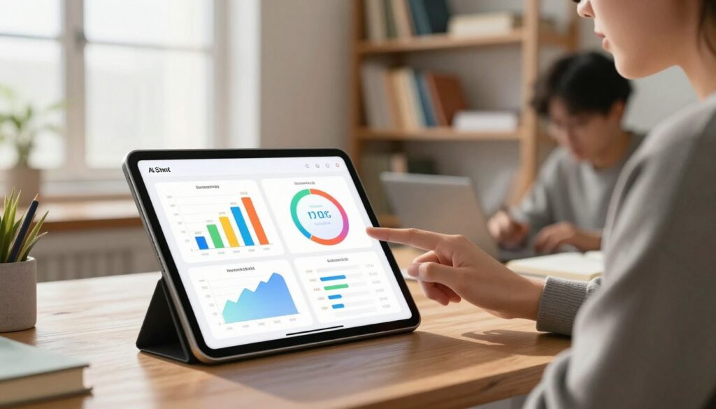 A visually engaging feature comparison tool at a sleek, modern workspace. In the foreground, a digital tablet displays colorful graphs and charts contrasting various AI homework tools. In the middle ground, a person dressed in smart casual attire analyzes the data thoughtfully, illuminated by warm, natural light from a nearby window. The background features blurred shelves filled with books and educational materials, creating a scholarly atmosphere. Use a wide-angle lens to capture the entire scene, emphasizing depth and focus on the tablet. The overall mood should be one of productivity and innovation, reflecting a collaborative environment where technology enhances learning.