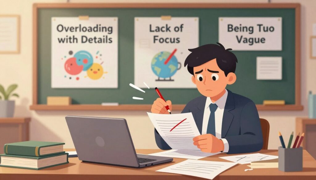 A visually engaging illustration of common summary pitfalls in writing. In the foreground, a cluttered desk filled with scattered papers, books, and a laptop, reflecting confusion and disorganization. In the middle ground, a thoughtful person in professional attire, looking frustrated while reviewing notes and striking out ideas with a red pen. Behind them, a chalkboard or whiteboard displays common pitfalls like "Overloading with Details," "Lack of Focus," and "Being Too Vague," illustrated with striking, colorful icons. The lighting is warm and inviting, simulating a cozy study environment, with a soft focus on the background to keep attention on the desk and person. The overall mood is one of determination, highlighting the challenge of summarizing effectively while conveying the importance of clarity and focus.
