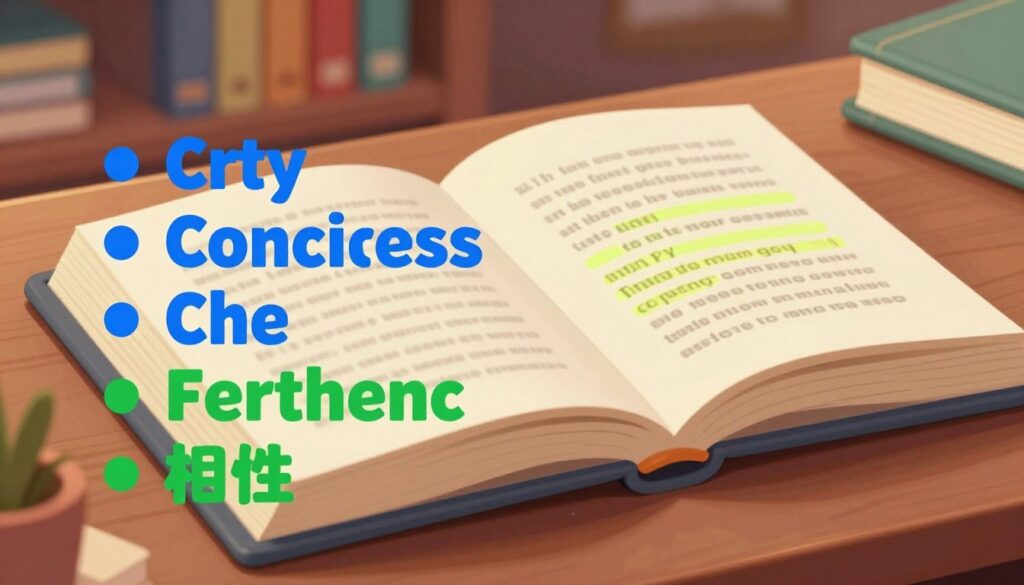 A visually engaging infographic depicting the essential elements of an effective summary. In the foreground, illustrate a neatly organized list with bullet points representing key summary components—clarity, conciseness, coherence, key themes, and relevance—using vibrant colors like blue and green. In the middle background, display an open book with faint highlights on text passages, symbolizing chapter content. In the far background, include a softly blurred library setting with warm lighting, creating a scholarly atmosphere. The overall mood should be focused and inspiring, evoking a sense of motivation to summarize effectively. Use a balanced composition with a slight top-down angle emphasizing the list, and ensure there are no text or graphic overlays.