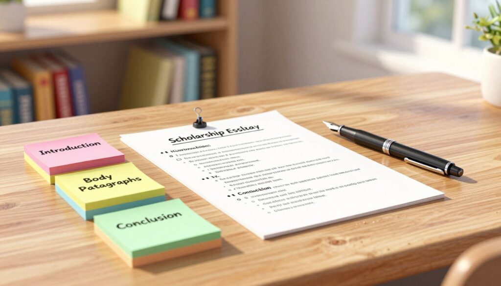 A visually engaging scholarship essay outline displayed artistically on a bright, clean wooden desk. The foreground features neatly organized stacks of colorful sticky notes, each labeled with key sections such as "Introduction," "Body Paragraphs," and "Conclusion." In the middle, an outline paper sheet is pinned to the desk, showing a clear structure with bullet points and indented subpoints. A well-used fountain pen lies next to the outline, reflecting scholarly dedication. The background includes a softly blurred bookshelf filled with books on writing and education, enhancing the academic atmosphere. Warm, natural lighting streams in from a nearby window, casting gentle shadows and creating an inviting mood that inspires study and focus. A visually engaging scholarship essay outline displayed artistically on a bright, clean wooden desk. The foreground features neatly organized stacks of colorful sticky notes, each labeled with key sections such as "Introduction," "Body Paragraphs," and "Conclusion." In the middle, an outline paper sheet is pinned to the desk, showing a clear structure with bullet points and indented subpoints. A well-used fountain pen lies next to the outline, reflecting scholarly dedication. The background includes a softly blurred bookshelf filled with books on writing and education, enhancing the academic atmosphere. Warm, natural lighting streams in from a nearby window, casting gentle shadows and creating an inviting mood that inspires study and focus.