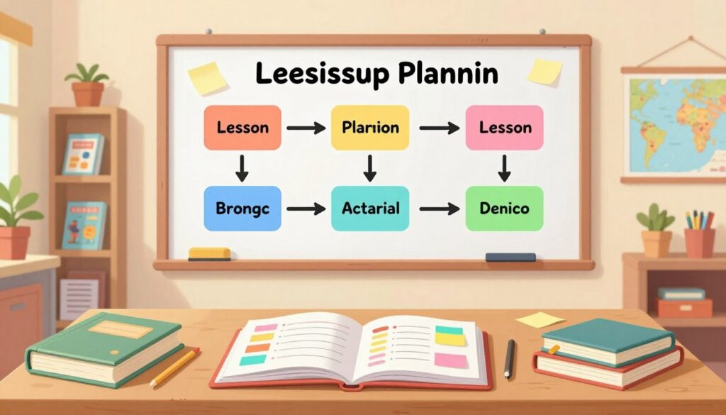 A visually engaging step-by-step guide to cohesive lesson planning, illustrated as a well-organized educational workspace. In the foreground, a neatly arranged desk with an open planner, color-coded sticky notes, and educational materials such as textbooks and notebooks. In the middle, a large whiteboard displaying key lesson planning steps, each step visually distinct and marked with vibrant colors. The background features a cozy classroom setting, with shelves filled with educational resources, plants, and maps. Soft, natural lighting illuminates the scene, creating a warm and inviting atmosphere. Capture the essence of structure and creativity in lesson planning, emphasizing a sense of professionalism and focus.