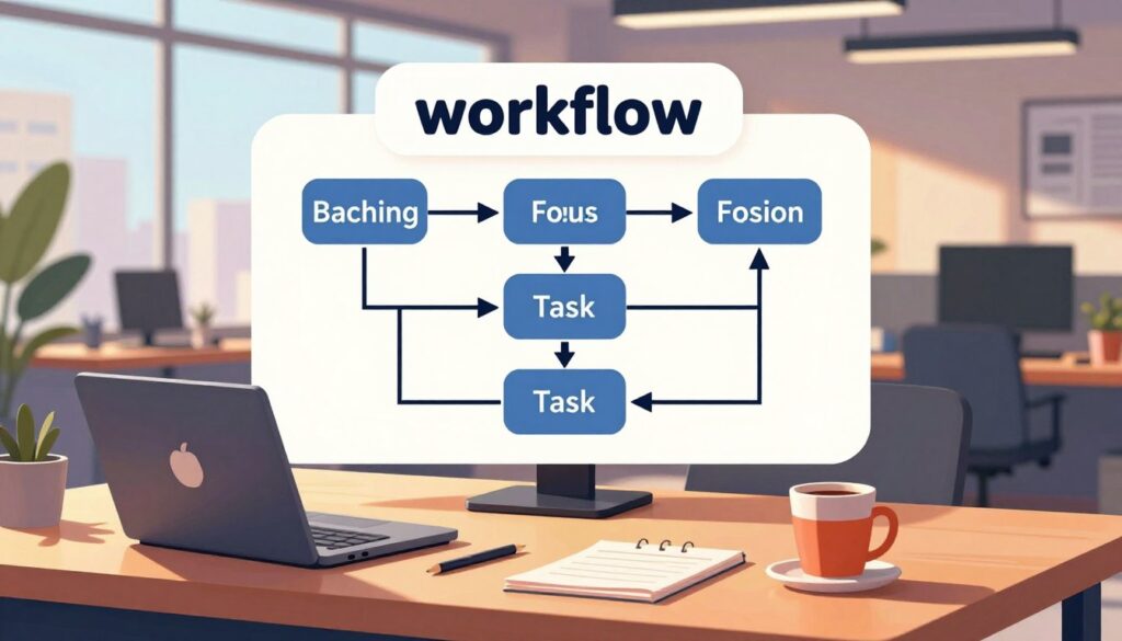 A visually engaging workspace illustration representing "workflow". In the foreground, a well-organized desk with a laptop, notepads, and a coffee cup exudes productivity. In the middle, a graphic flowchart displaying batching, focus sessions, and task switching highlights a clear and structured approach to managing tasks, with arrows connecting various stages. The background features a modern office environment, with large windows allowing natural light to flood in, enhancing the vibrant atmosphere. The lighting is warm and inviting, casting soft shadows that create depth. The overall mood is focused and energetic, symbolizing an ideal workflow design essential for coding efficiency. No people are included, keeping the focus on the workspace and workflow elements. A visually engaging workspace illustration representing "workflow". In the foreground, a well-organized desk with a laptop, notepads, and a coffee cup exudes productivity. In the middle, a graphic flowchart displaying batching, focus sessions, and task switching highlights a clear and structured approach to managing tasks, with arrows connecting various stages. The background features a modern office environment, with large windows allowing natural light to flood in, enhancing the vibrant atmosphere. The lighting is warm and inviting, casting soft shadows that create depth. The overall mood is focused and energetic, symbolizing an ideal workflow design essential for coding efficiency. No people are included, keeping the focus on the workspace and workflow elements.