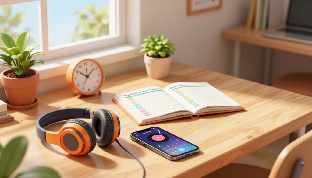 A visually striking composition of a "Student Focus Toolkit" laid out on a modern, wooden study desk. In the foreground, include vibrant headphones and a smartphone displaying a music app, emphasizing the music aspect. The middle ground should feature an open planner with color-coded schedules and a stylish clock, symbolizing timing, alongside earthy potted plants to represent environment. In the background, a cozy study nook with ample natural light streaming through a large window creates a serene atmosphere. The lighting is warm and inviting, casting soft shadows. The overall mood is focused and inspiring, suggesting an organized and motivating space conducive to student productivity, presented in a professional and clean layout. A visually striking composition of a "Student Focus Toolkit" laid out on a modern, wooden study desk. In the foreground, include vibrant headphones and a smartphone displaying a music app, emphasizing the music aspect. The middle ground should feature an open planner with color-coded schedules and a stylish clock, symbolizing timing, alongside earthy potted plants to represent environment. In the background, a cozy study nook with ample natural light streaming through a large window creates a serene atmosphere. The lighting is warm and inviting, casting soft shadows. The overall mood is focused and inspiring, suggesting an organized and motivating space conducive to student productivity, presented in a professional and clean layout.