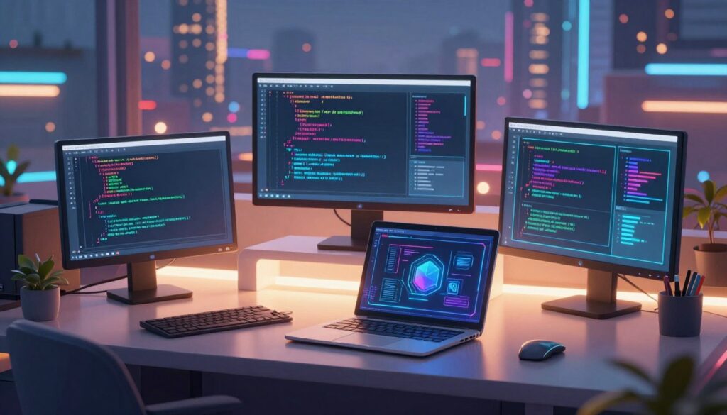 A visually striking depiction of "code aesthetics" showcasing a beautifully arranged workspace filled with computer code on sleek monitors. In the foreground, a modern desk with a stylish laptop open, surrounded by floating holographic displays of colorful coding scripts and diagrams reflecting the intricacies of AI technology. The middle layer features a softly glowing LED ambient light that casts a warm hue, enhancing the tech environment. In the background, a blurred, expansive view of a futuristic cityscape at dusk, with shimmering lights and a vibrant atmosphere. The scene is captured through a slightly angled lens to create depth, evoking a sense of innovation and productivity. The mood is inspiring and dynamic, celebrating the intersection of art, technology, and development.