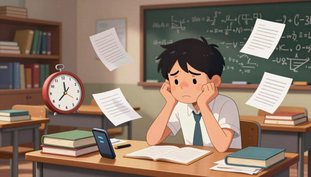 A visually striking depiction of cognitive overload symptoms in an academic setting. In the foreground, a student sits at a cluttered desk, their face showing confusion and frustration, with papers and books scattered around. In the middle ground, various symbols of stress, such as clocks, overflowing notebooks, and a smartphone with notifications, create a chaotic space. The background features a dimly lit classroom with shelves of books and a chalkboard filled with complex equations, enhancing the feeling of being overwhelmed. The lighting is soft yet slightly dramatic, casting shadows that emphasize the student's stress. The mood conveys anxiety and pressure, illustrating the struggle of managing information and tasks.