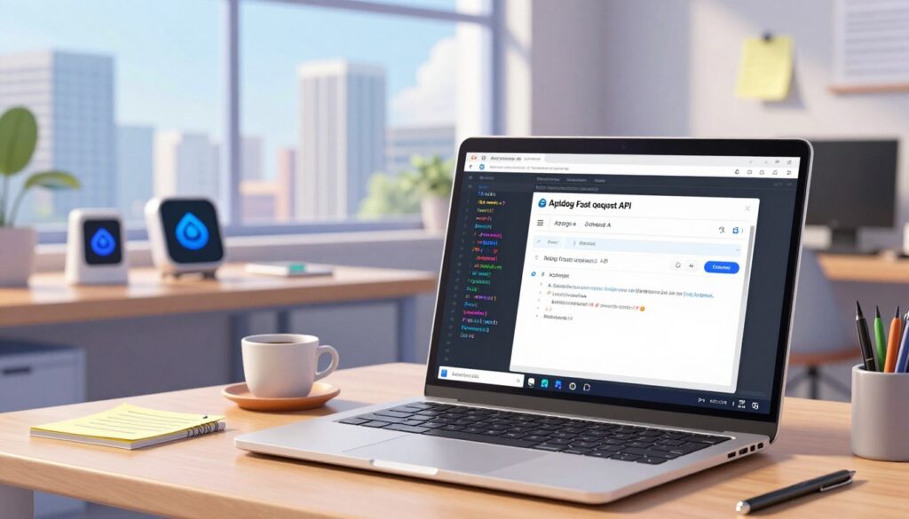 A visually striking digital workspace scene showcasing IntelliJ IDEA in action, focused on the Apidog Fast Request API development features. In the foreground, a sleek laptop displays an IntelliJ interface with vibrant code snippets and API request templates prominently visible. The middle layer features a modern workspace with smart devices, notes, and a coffee cup, reflecting a productive environment. In the background, a large window brings in natural light, revealing a cityscape skyline that enhances the atmosphere of innovation and connectivity. The scene conveys a mood of creativity and efficiency, perfect for developers integrating AI into their workflow. Use a wide-angle lens for an immersive effect, ensuring a balanced composition without any text or overlays.