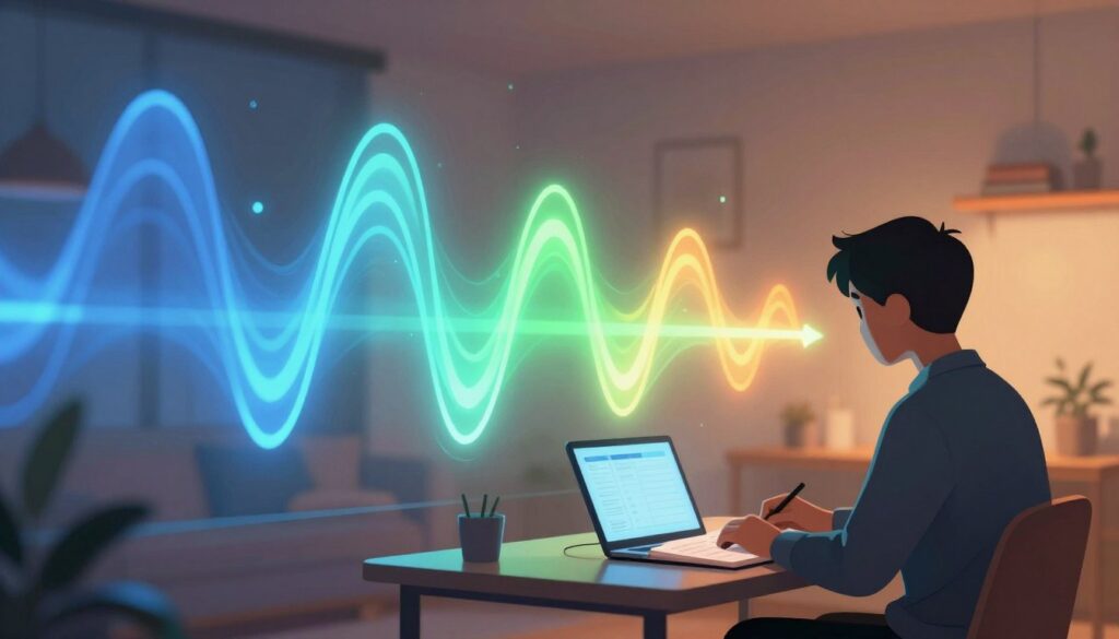 A visually striking illustration of energy levels represented through dynamic waves of light in varying hues of blue, green, and orange. In the foreground, include a silhouette of a person engaged in studying, seated at a desk with an open notebook and a laptop, dressed in smart casual attire. The middle ground features pulsating energy waves radiating outward, symbolizing different levels of focus and productivity. The background consists of a softly lit room with warm ambient lighting, creating a cozy and inviting atmosphere. The lens should be set for a slight depth of field, focusing on the subject while the energy waves appear slightly blurred, conveying motion and vitality. The overall mood is uplifting and energizing, illustrating the concept of energy-based scheduling effectively.