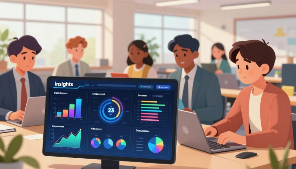 A visually striking image that represents "insights" through a vibrant personal dashboard. In the foreground, a sleek, modern digital dashboard interface displays colorful graphs, charts, and intelligent AI-driven analytics that highlight student progress and engagement in a user-friendly format. In the middle ground, a diverse group of students, dressed in professional business attire, engage with the dashboard on tablets and laptops, showing expressions of curiosity and motivation as they interact with personalized insights. The background features a bright, open study space with large windows allowing natural light to stream in, enhancing the atmosphere of inspiration and focused learning. Soft, ambient lighting creates a warm and inviting mood, emphasizing the theme of personalized experiences in education.