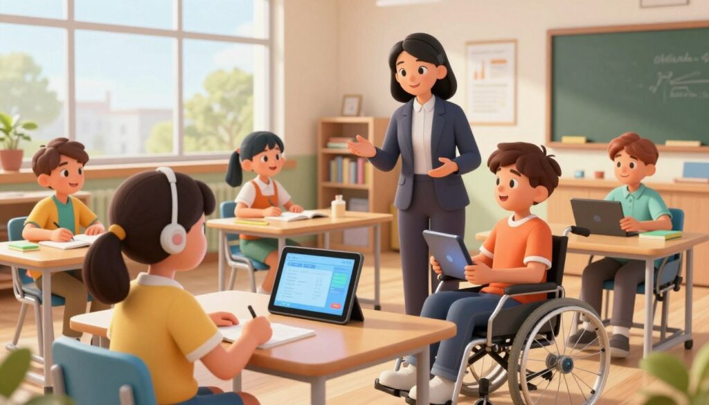 A visually striking representation of accessibility and inclusion in education, featuring a diverse group of students engaged in learning within a modern classroom. In the foreground, a young girl with a hearing aid actively participates in a group discussion, while a boy in a wheelchair is shown using a tablet with adaptive technology. The middle ground displays a teacher, dressed in professional business attire, guiding the students with supportive gestures. The background showcases a bright, well-equipped classroom filled with resources tailored for various learning needs, such as visual aids and technology adaptations. Soft, natural lighting filters through large windows, creating an inviting and uplifting atmosphere. The composition should capture the essence of equitable learning for all, emphasizing collaboration and empowerment in a harmonious educational environment.