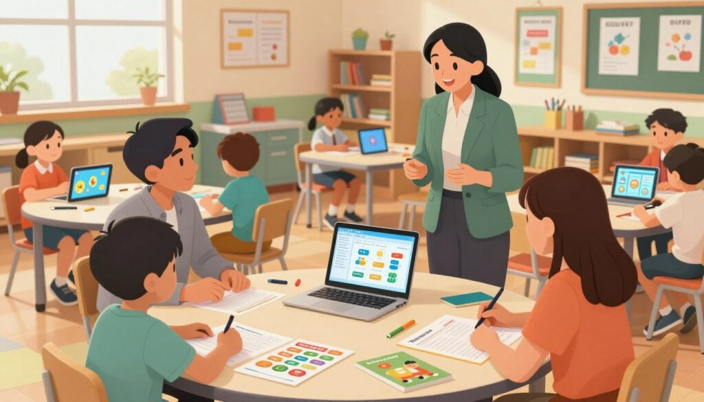 A warm and inviting classroom scene featuring professional special education teachers actively engaging with students. In the foreground, two teachers, one male and one female, are at a round table collaborating on personalized learning plans, surrounded by colorful learning materials and a laptop displaying AI tools. In the middle ground, diverse students are engaged in hands-on activities, using tablets and educational games that incorporate AI technology to assist with their learning challenges. The background features a bright and well-organized classroom with educational posters, bookshelves, and an inclusive atmosphere. Soft natural lighting illuminates the room, creating a positive and supportive mood, captured from a slightly elevated angle to enhance the sense of involvement and community.