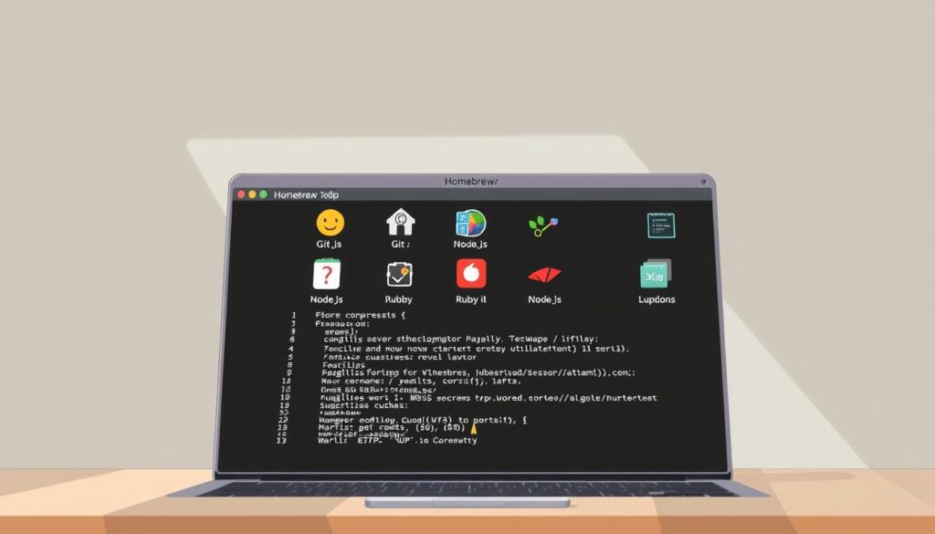 A well-lit, high-resolution image of a macOS desktop featuring the iTerm2 terminal application prominently in the foreground, with several Homebrew development tools and utilities displayed in the middle ground, such as Git, Node.js, and Ruby. The background should showcase a tasteful, minimalist desktop wallpaper that complements the overall tone. The lighting should be natural and directional, casting soft shadows and highlights to create a sense of depth and dimension. The camera angle should be slightly elevated, providing a clean, unobstructed view of the desktop interface. The overall mood should be one of focused productivity and efficiency, reflecting the technical nature of the "Vibe Coding Environment" setup.