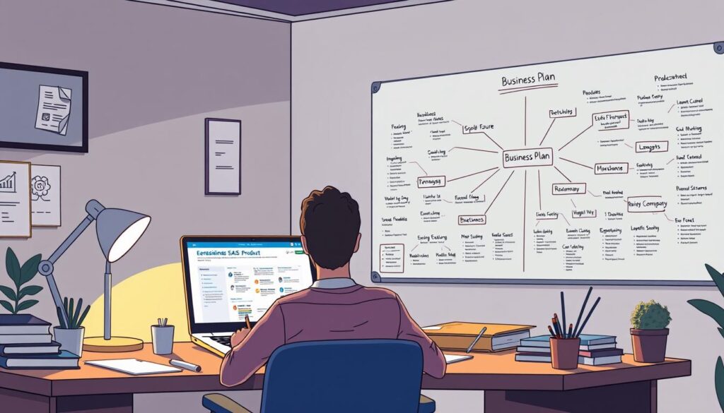 A well-lit office setting with a desk, laptop, and various office supplies. On the laptop screen, a detailed business plan and roadmap for a SaaS product. In the foreground, a person sitting at the desk, intently focused on the screen, jotting down notes and sketching ideas. Soft, warm lighting illuminates the scene, creating a contemplative and productive atmosphere. The background features a large whiteboard with a mind map of product features, user personas, and revenue streams. The overall composition conveys the process of carefully planning and refining a SaaS product idea using AI-powered tools. A well-lit office setting with a desk, laptop, and various office supplies. On the laptop screen, a detailed business plan and roadmap for a SaaS product. In the foreground, a person sitting at the desk, intently focused on the screen, jotting down notes and sketching ideas. Soft, warm lighting illuminates the scene, creating a contemplative and productive atmosphere. The background features a large whiteboard with a mind map of product features, user personas, and revenue streams. The overall composition conveys the process of carefully planning and refining a SaaS product idea using AI-powered tools.