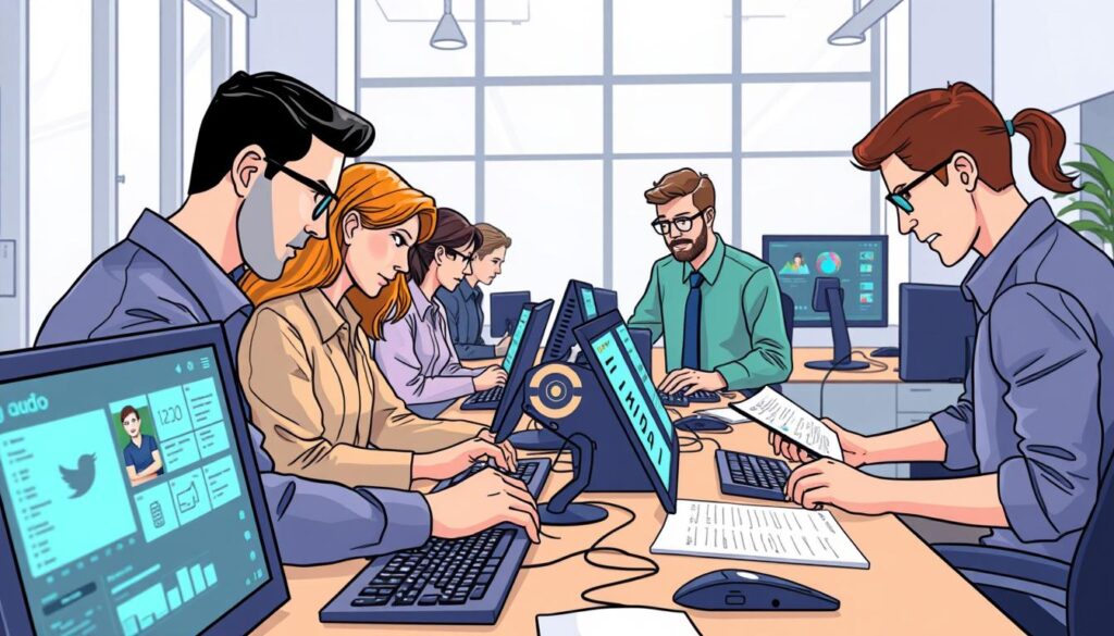 A well-lit, professional data labeling workspace with a team of focused individuals carefully inspecting various types of data - images, videos, text, and audio. The foreground features a desk with high-quality labeling equipment like touchscreen monitors, keyboards, and precision pointing devices. The middle ground showcases the team collaborating, discussing, and cross-checking each other's work to ensure accuracy and consistency. The background depicts a modern, minimalist office environment with large windows allowing natural light to flood the space, creating a sense of openness and productivity. The overall atmosphere conveys a commitment to quality, attention to detail, and a streamlined workflow optimized for speed and efficiency.