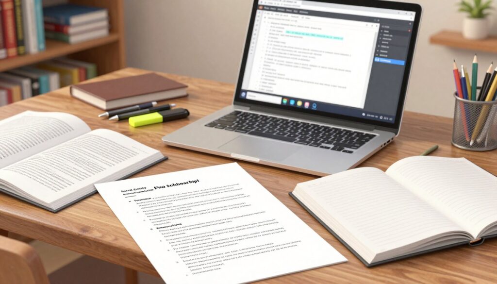 A well-organized desk setting featuring multiple open scholarship essays laid out in an inviting manner. In the foreground, a neatly written sample essay on high-quality paper, displaying clear formatting with headings and bullet points. In the middle ground, a laptop with a visible document editing software open, showcasing editing marks and comments, surrounded by professional stationery like pens and highlighters. The background features a subtle bookshelf filled with educational books, hinting at academic achievement. Soft, ambient lighting creates a warm yet focused atmosphere, suggesting productivity and inspiration. The overall mood is one of professionalism and dedication to academic success. No text, captions, or any human figures are included in the scene. A well-organized desk setting featuring multiple open scholarship essays laid out in an inviting manner. In the foreground, a neatly written sample essay on high-quality paper, displaying clear formatting with headings and bullet points. In the middle ground, a laptop with a visible document editing software open, showcasing editing marks and comments, surrounded by professional stationery like pens and highlighters. The background features a subtle bookshelf filled with educational books, hinting at academic achievement. Soft, ambient lighting creates a warm yet focused atmosphere, suggesting productivity and inspiration. The overall mood is one of professionalism and dedication to academic success. No text, captions, or any human figures are included in the scene.
