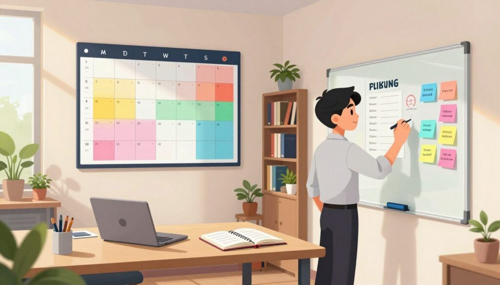 A well-organized modern office workspace adorned with a large wall calendar and neatly arranged time blocks in vibrant colors. In the foreground, a focused young professional of Asian descent, dressed in smart casual attire, is writing on a clear glass whiteboard filled with colorful sticky notes and time-blocked tasks. In the middle ground, a large desk showcases a laptop, a planner, and motivational quotes. Soft, natural lighting streams in from an adjacent window, casting gentle shadows, creating a warm and inviting atmosphere. In the background, shelves filled with books and plants add a touch of greenery, enhancing the feeling of productivity and calmness, emphasizing advanced time blocking strategies for success. The scene encapsulates focus and organization without distractions. A well-organized modern office workspace adorned with a large wall calendar and neatly arranged time blocks in vibrant colors. In the foreground, a focused young professional of Asian descent, dressed in smart casual attire, is writing on a clear glass whiteboard filled with colorful sticky notes and time-blocked tasks. In the middle ground, a large desk showcases a laptop, a planner, and motivational quotes. Soft, natural lighting streams in from an adjacent window, casting gentle shadows, creating a warm and inviting atmosphere. In the background, shelves filled with books and plants add a touch of greenery, enhancing the feeling of productivity and calmness, emphasizing advanced time blocking strategies for success. The scene encapsulates focus and organization without distractions.