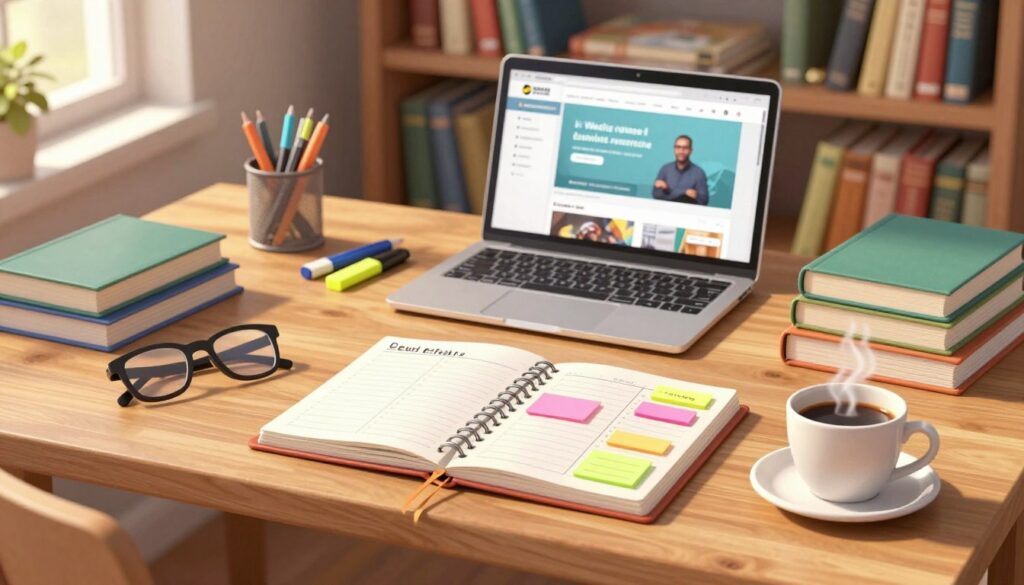 A well-organized study plan displayed on a wooden desk, featuring colorful sticky notes, a planner open to a weekly layout, and neatly stacked textbooks. In the foreground, a pair of reading glasses rests beside a steaming cup of coffee, reflecting a productive study environment. The middle of the image shows a laptop with an educational website open, surrounded by a few stationery items like pens and highlighters. In the background, a softly lit bookshelf filled with academic books creates a cozy and inviting atmosphere. Warm, natural light filters through a nearby window, casting gentle shadows, enhancing the mood of focus and inspiration. The overall scene is calm, motivating, and conducive to learning.