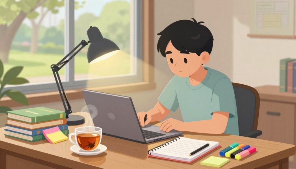 A well-organized study space featuring a wooden desk adorned with assorted study materials: colorful sticky notes, a stack of textbooks, and a laptop. In the foreground, a cup of steaming herbal tea sits beside a neatly arranged notebook and highlighters in various colors. In the middle ground, a focused student in modest casual clothing is seated, deeply immersed in their studies, with a bright desk lamp illuminating their workspace, casting a warm glow. Behind them, a large window showcases a peaceful view of a park outside, letting in soft, natural light. The atmosphere conveys concentration and productivity, capturing the essence of a personalized study ritual that caters to different tasks and enhances focus.