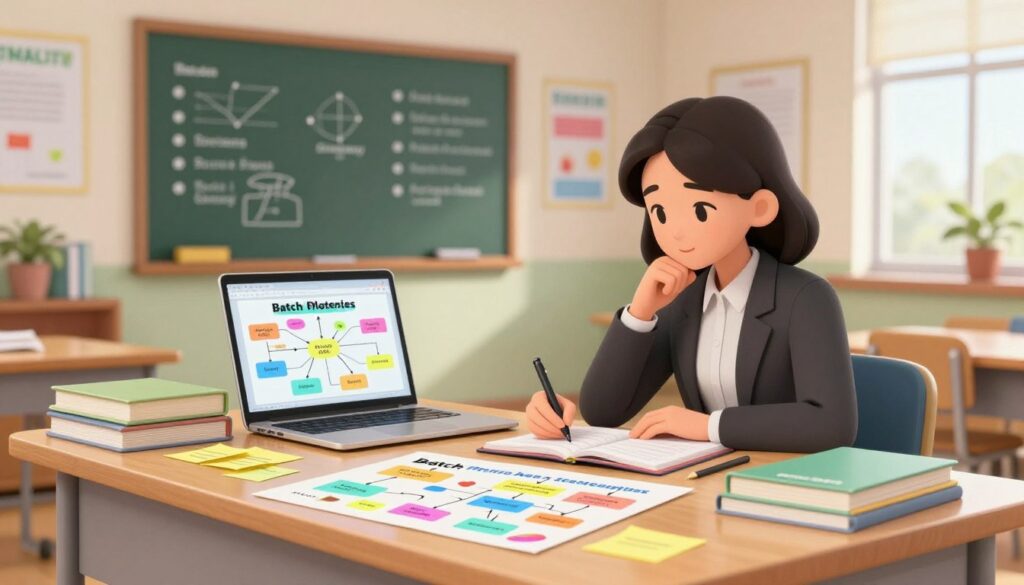A well-organized teacher's desk filled with colorful lesson planning materials, including sticky notes, textbooks, and a laptop displaying a lesson plan. In the foreground, a teacher in professional attire sits thoughtfully, writing on a notepad, surrounded by vibrant flowcharts illustrating batch planning strategies. In the middle ground, a chalkboard is filled with diagrams and strategy bullet points. The background features a cozy, well-lit classroom with motivational posters on the walls, and natural light streaming in from a window, creating an inviting atmosphere. The lens focus is sharp on the teacher, with a gentle blur on the background elements to emphasize concentration and organization. The overall mood is productive and inspiring. A well-organized teacher's desk filled with colorful lesson planning materials, including sticky notes, textbooks, and a laptop displaying a lesson plan. In the foreground, a teacher in professional attire sits thoughtfully, writing on a notepad, surrounded by vibrant flowcharts illustrating batch planning strategies. In the middle ground, a chalkboard is filled with diagrams and strategy bullet points. The background features a cozy, well-lit classroom with motivational posters on the walls, and natural light streaming in from a window, creating an inviting atmosphere. The lens focus is sharp on the teacher, with a gentle blur on the background elements to emphasize concentration and organization. The overall mood is productive and inspiring.