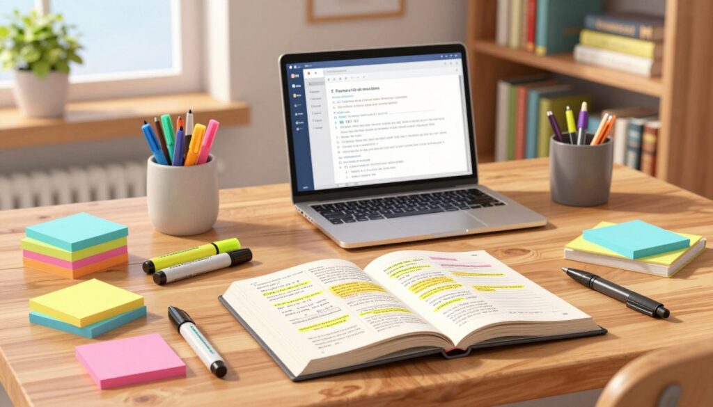 A well-organized workspace featuring essential annotation tools for book lovers. In the foreground, prominent items include colorful sticky notes, highlighters in various shades, and fine-tip pens, arranged neatly on a wooden desk. A partially open book lies in the center, showcasing highlighted sections and notes in the margins. The middle ground features a laptop displaying a digital note-taking app and an assortment of bookmarks. In the background, a bookshelf filled with neatly stacked books and potted plants adds a cozy atmosphere. Soft, warm lighting illuminates the scene from a nearby window, creating an inviting and productive mood. The composition is photographed from a slightly elevated angle to capture the tools and workspace effectively, highlighting their importance in the annotation process.