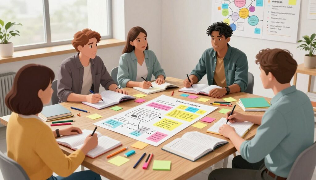 A well-organized workspace filled with active note-taking strategies. In the foreground, a diverse group of individuals—one woman and two men, all dressed in business casual attire—engaged in focused discussion over notebooks and colorful sticky notes. They are seated at a large wooden table cluttered with pens, highlighters, and open reference books. In the middle ground, supportive materials like mind maps, diagrams, and bullet-point lists are visible, showcasing different note-taking techniques. The background features a bright, modern office environment with large windows allowing soft, natural light to flood in, enhancing a collaborative atmosphere. The mood is creative and productive, emphasizing the importance of effective note-taking while reading. The angle is slightly elevated, providing a comprehensive view of the workspace without any distractions like text or logos.