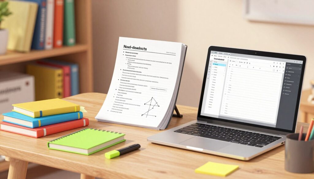A well-organized workspace showcasing an effective note-taking system. In the foreground, a neat desk with a variety of colorful notebooks, sticky notes, and highlighters, creating a sense of creativity and focus. A laptop is open, displaying a digital note-taking application. In the middle, a stack of summarized papers with bullet points and diagrams, representing concise information management. In the background, a soft-lit bookshelf filled with books on study techniques and personal development, enhancing the academic atmosphere. The overall lighting is warm and inviting, with a slightly blurred focus on the background to emphasize the desk's details. The mood conveys productivity and clarity, inspiring efficient study habits.