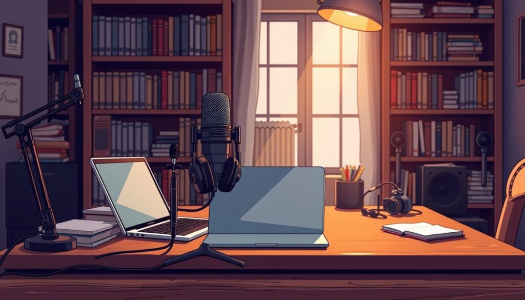 A well-organized workspace with a high-quality microphone, headphones, and a laptop prominently featured on a sturdy desk. The lighting is warm and focused, creating a cozy, professional atmosphere. In the background, a bookshelf filled with reference materials and audio equipment adds depth and a sense of expertise. The overall scene conveys the preparedness and attention to detail required to launch a successful AI-powered productivity podcast with insightful summaries.