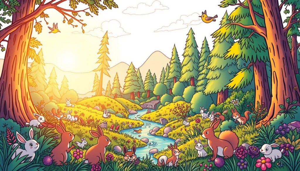 A whimsical coloring page depicting a charming forest scene, illuminated by warm, diffuse lighting that casts a gentle glow. In the foreground, a vibrant array of playful woodland creatures - rabbits, squirrels, and birds - are engaged in various activities, inviting the viewer to color and bring them to life. The middle ground features a lush, detailed landscape of towering trees, verdant foliage, and a meandering stream, creating a serene and enchanting atmosphere. The background showcases a soft, dreamlike sky with wispy clouds, setting the stage for a truly captivating and immersive coloring experience for young artists.