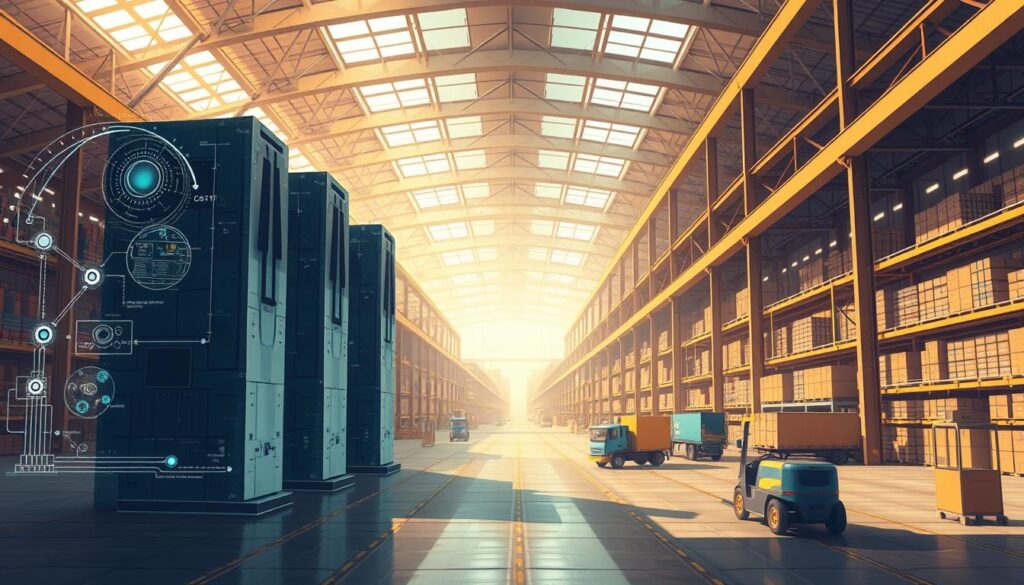 A wide, expansive industrial warehouse, bathed in warm, diffuse lighting from overhead skylights. In the foreground, a group of large language models, represented as towering, gleaming monoliths, stand poised and ready to tackle the complex challenges of a material supply chain. Intricate data visualizations and forecasting models swirl around them, connecting to a network of sensors and supply chain logistics in the middle ground. In the background, robotic forklifts and autonomous trucks navigate the bustling warehouse, optimizing inventory and transportation. The scene conveys a sense of power, efficiency, and technological synergy, where advanced AI seamlessly integrates with physical supply chain operations.