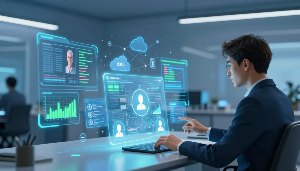An abstract representation of "data" in a modern tech environment. In the foreground, a person in professional business attire, seated at a sleek desk, interacts with holographic data streams displaying graphs, chart patterns, and user icons that represent authentication processes. In the middle ground, digital interfaces with glowing blue and green accents showcase various datasets and user profiles, while small interconnected nodes symbolize cloud connections. The background features a futuristic office setting with soft, ambient lighting casting a blue hue, creating a tech-savvy atmosphere. The perspective is slightly angled downwards, enhancing the sense of immersion in this digital realm. The mood is focused and innovative, reflecting the essence of data management and user authentication.