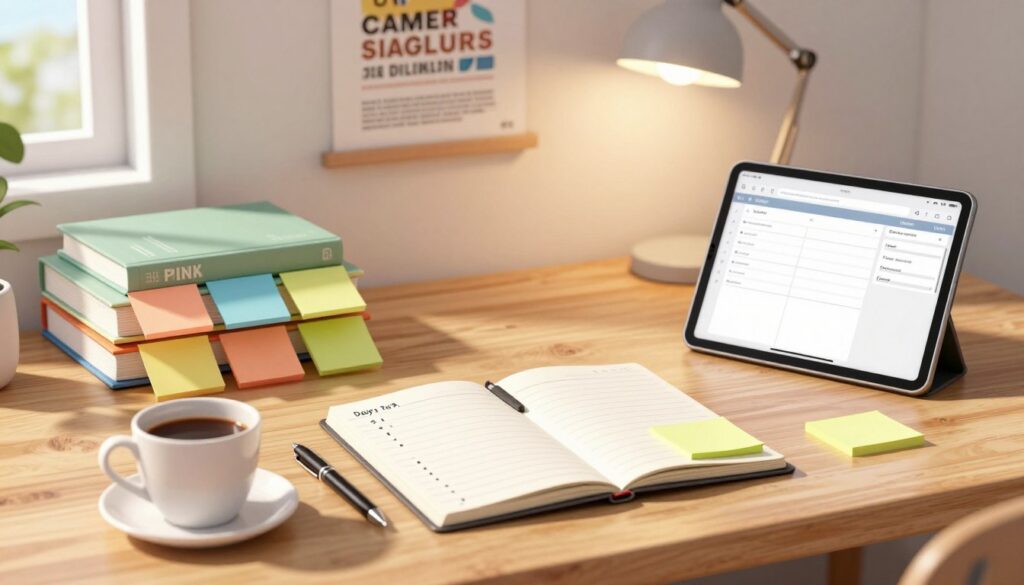 An organized study plan on a wooden desk in a well-lit room, showcasing a variety of colorful sticky notes, a neatly arranged stack of textbooks, and a digital tablet displaying a planner app. In the foreground, a fresh cup of coffee sits beside a high-quality pen, emphasizing a productive atmosphere. In the middle, an open notepad with neatly written bullet points outlines priorities for days one to three. The background features a motivational poster on the wall and a soft, warm glow from a desk lamp creating a focused ambiance. Natural light filters through a window, casting gentle shadows. The scene conveys a sense of calm and determination, inspiring effective study habits and proactive planning.