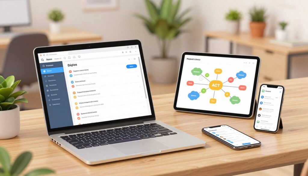 An organized workspace showcasing digital source management tools in action. In the foreground, a sleek laptop open to a clean, user-friendly interface displaying a digital library with neatly categorized sources. To the right, a tablet shows a colorful mind map, and a smartphone displays a note-taking app. The middle ground features a blurred background of a modern office with potted plants and minimalistic decor. The lighting is soft and warm, creating a cozy atmosphere. The camera angle is slightly above eye level, capturing the workspace from an inviting perspective. The overall mood is focused and productive, reflecting an environment conducive to research and organization. No text or identifying details present.