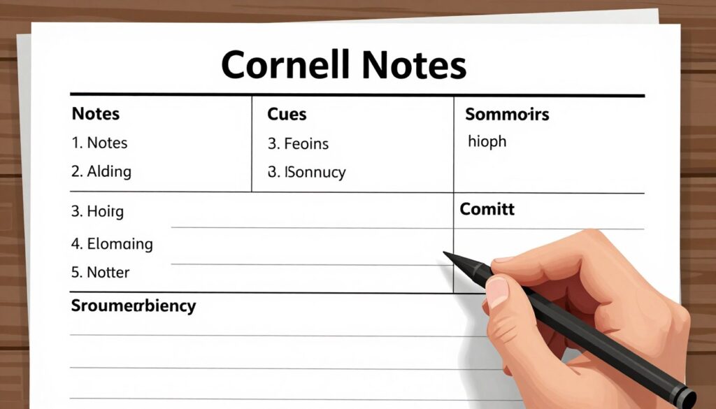 Generate an image of a Cornell Notes template printable sheet.