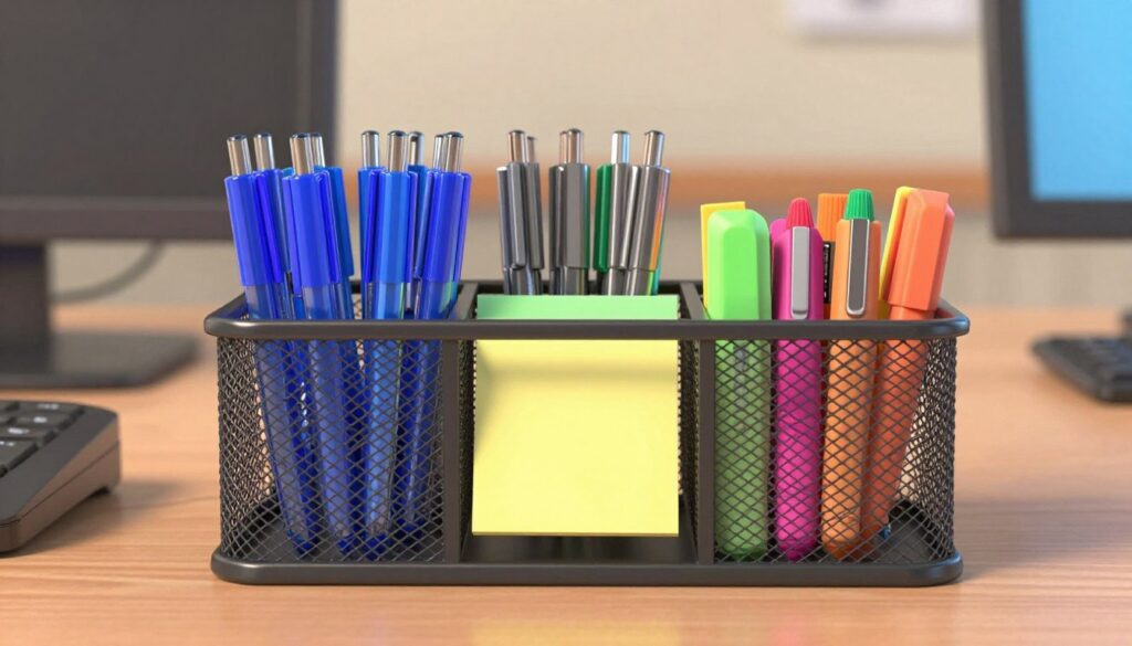 Generate an image of a desk organizer with pens, highlighters, and sticky notes.