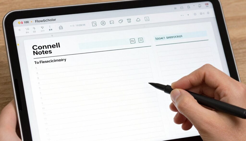 Generate an image of a digital Cornell Notes setup on a tablet using an app like OneNote or FlowScholar.