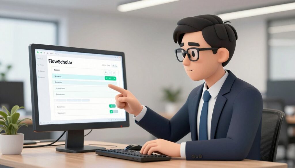 Generate an image of a person setting up a FlowScholar time blocking system on their computer. Generate an image of a person setting up a FlowScholar time blocking system on their computer.